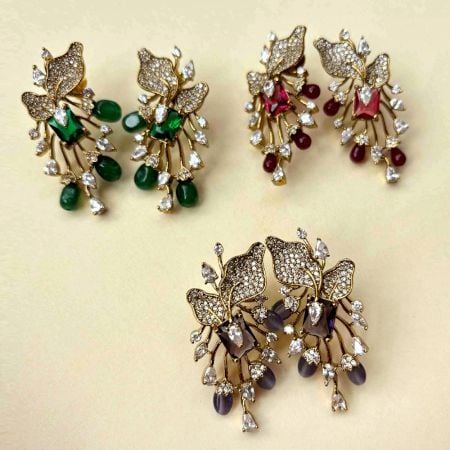 Handmade Brass Metal Jewellery Ruby Leaf Drop Earrings